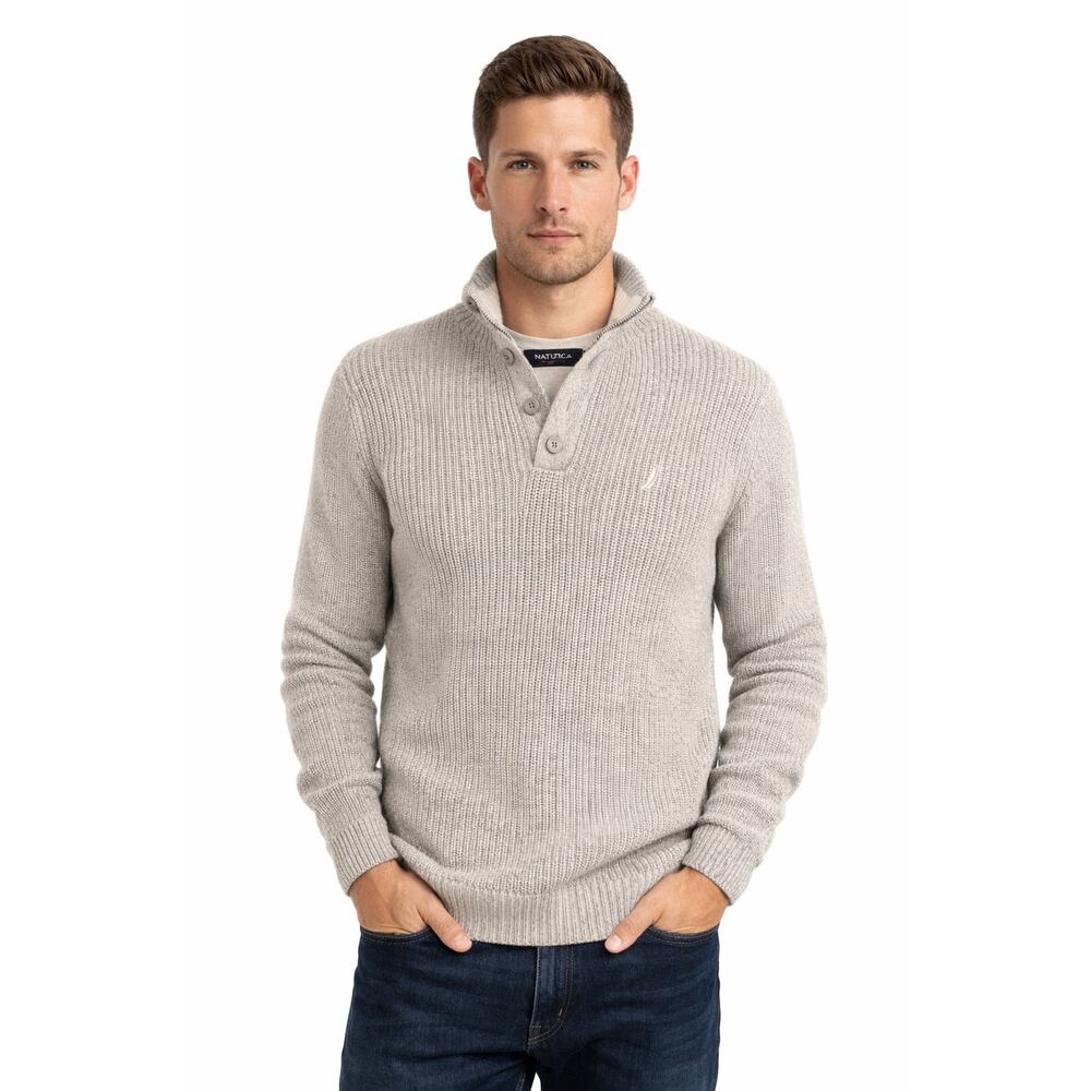 Nautica Quarter Button Knit Sweater Mens Medium Gray Cotton Pullover Classic